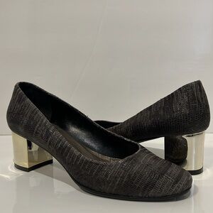 Coccinelle Textured Grey/Black Leather Metallic Block‎ Heel Shoes Size 38